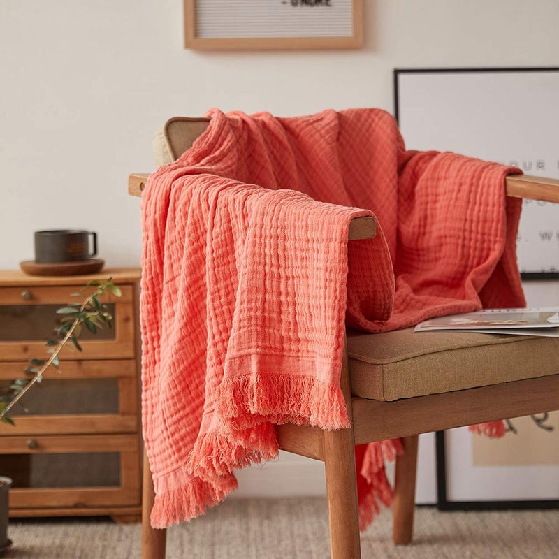 Simple&Opulence Cotton Muslin Throw Blanket for Bed, Couch, Knit Woven Gauze Blanket with Tassels, Soft Lightweight Cozy Pre-Washed Breathable Farmhouse Decoration for All-Season (Coral Red) - Image 1